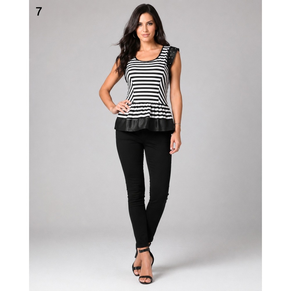 MAUVE Top Womens Juniors Large Black White Stripe Faux Leather Trim Studs Edgy